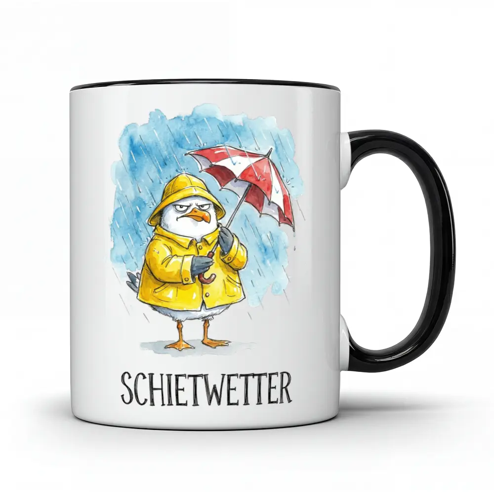 Weiße Keramiktasse mit schwarzem Rand und Henkel. Auf der Vorderseite ist eine Cartoon-Möwe in gelbem Regenmantel und Hut abgebildet, die grimmig schaut und einen rot-weiß gestreiften Regenschirm hält. Im Hintergrund regnet es. Unter der Möwe steht das Wort 'SCHIETWETTER'.