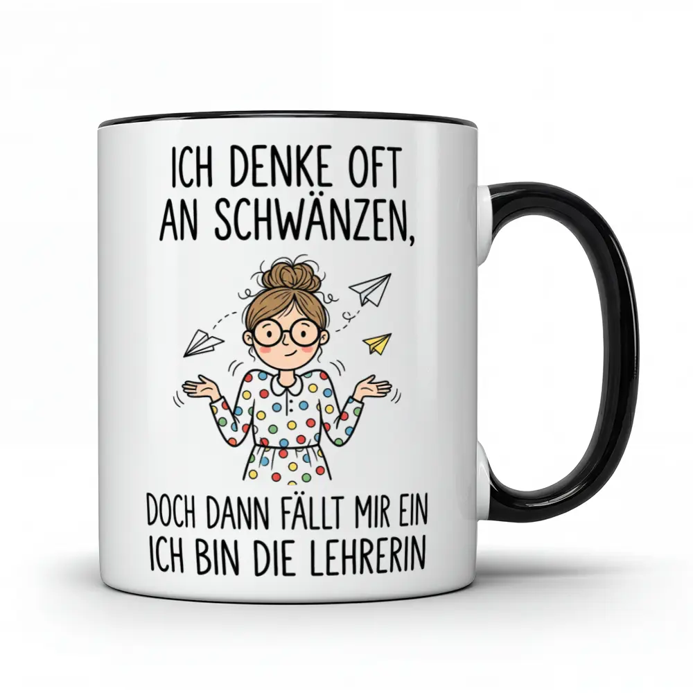 Weiße Tasse mit schwarzem Henkel und Rand. Darauf ist eine lächelnde Zeichentrick-Lehrerin mit Dutt, Brille und gepunktetem Kleid abgebildet. Um sie herum fliegen Papierflieger. Der Spruch auf der Tasse lautet: 'ICH DENKE OFT AN SCHWÄNZEN, DOCH DANN FÄLLT MIR EIN ICH BIN DIE LEHRERIN'.